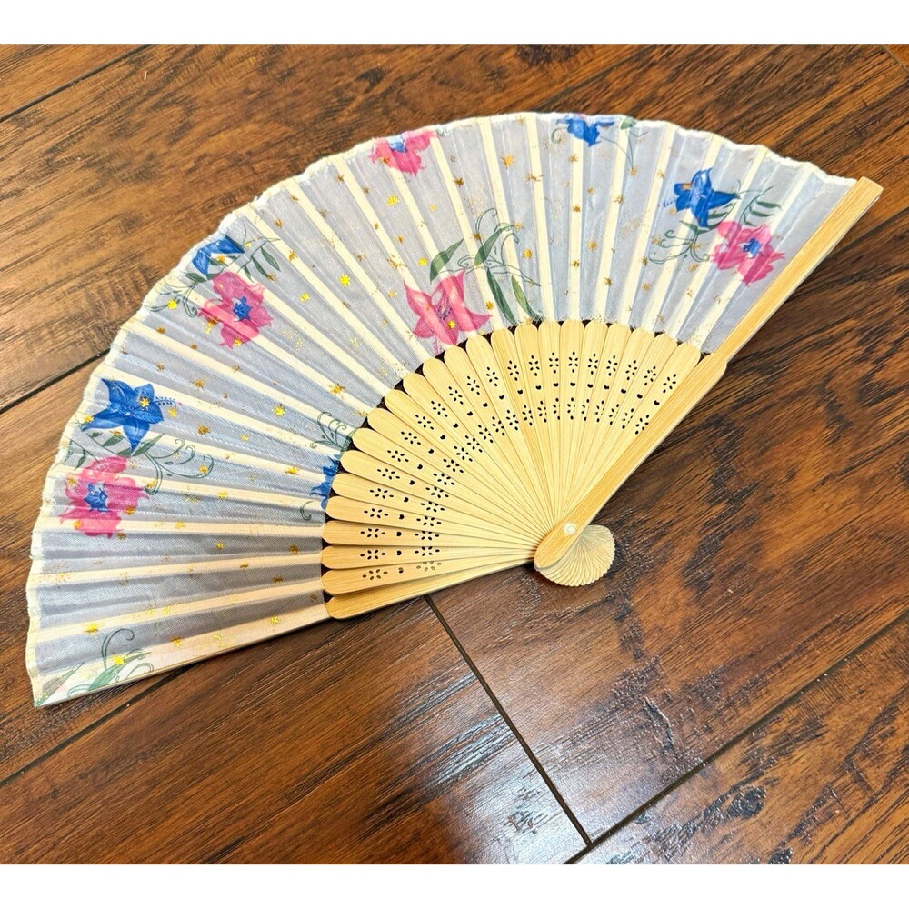 Vintage Folding Bamboo Chinese Hand Fan Flowers, 8 in, white bg pink blue, 02 W5
